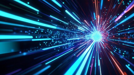Obraz premium Abstract representation of vibrant light beams radiating from a central point in a dark space