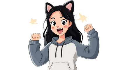 A cartoon girl with a cat on her head is smiling. generated using AI