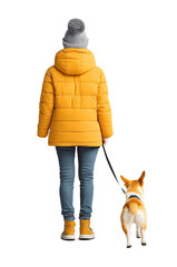 Person walks a dog in a warm yellow coat during a chilly day in a park setting