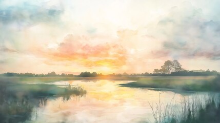 Watercolor painting of easter morning sunrise reflecting on lake. Generative ai illustrations