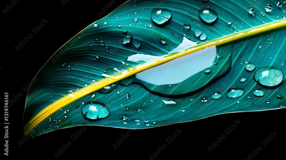 Poster Leaf with water droplets on it. The droplets are small and scattered, giving the impression of a light rain. The leaf is green and has a yellow stripe, adding a pop of color to the image