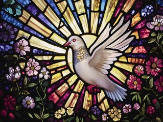 White dove flying in stained glass window for easter celebrations. Generative ai illustrations