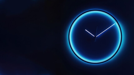 A futuristic neon clock with a glowing blue outline stands against a dark background. This modern and minimalistic design represents time, technology, and innovation.