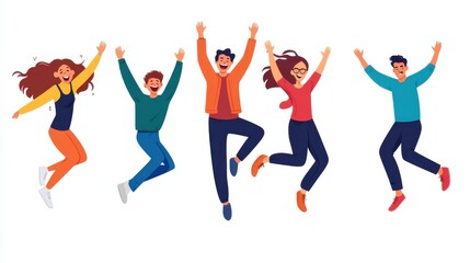 Jumping young happy people. Man and woman teenagers celebrating jump, flying persons in air. Flat characters isolated set