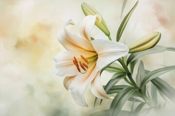 Obraz premium White easter lily blooming elegantly on light yellow background. Generative ai illustrations