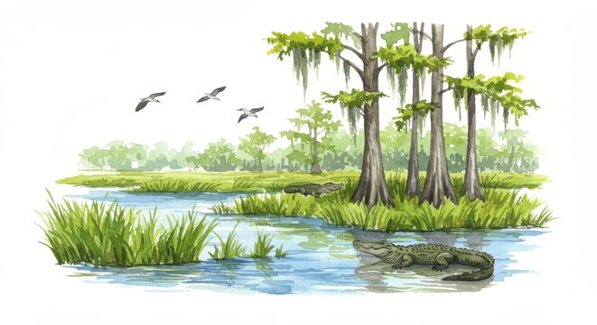 Everglades National Park Florida landscape with alligator and birds - A scenic view of Everglades National Park featuring a calm waterway, alligator, greenery, cypress trees, and flying birds