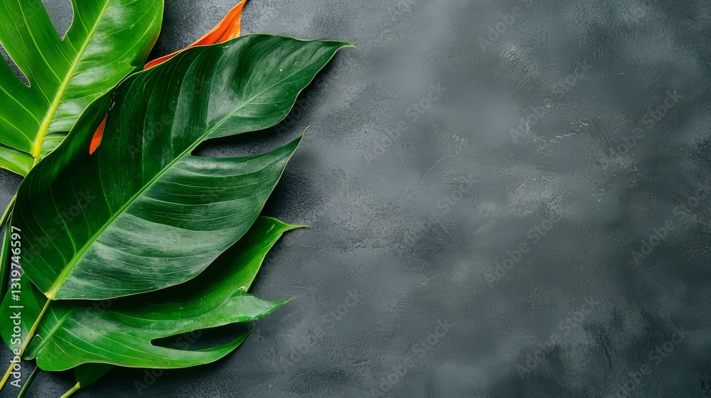 Poster leafy green plant is placed on a grey background. the plant is surrounded by other leaves, creating 