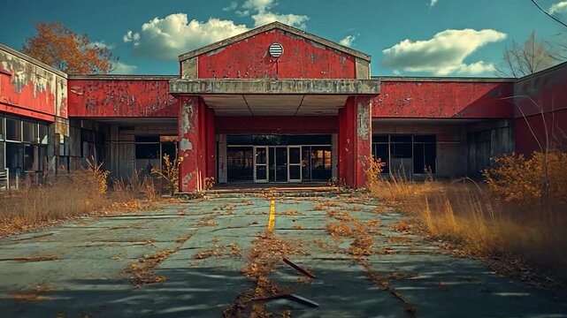 Abandoned building with vibrant red facade surrounded by overgrown weeds