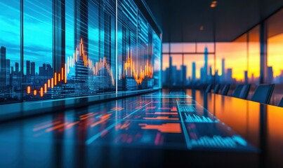 Modern conference room with advanced technology display showing quarterly results and data analysis in a sleek urban setting during sunset