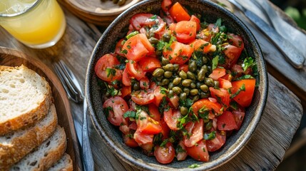 A colorful array of freshly chopped tomatoes sprinkled with herbs and capers fills a rustic bowl, accompanied by slices of crusty bread and a refreshing drink, creating a healthy meal