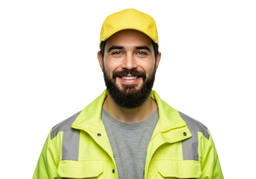A cheerful delivery worker wearing a bright yellow high visibility work jacket isolated on transparent background