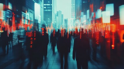 Crowd of businesspeople on abstract background with forex chart and devices. Communication, trade and money growth concept. Double exposure