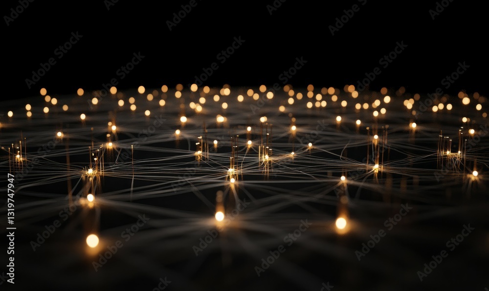 Wall mural network of illuminated nodes with a dark background