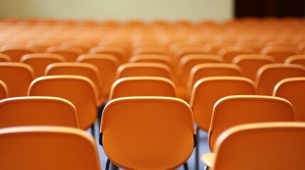 Fototapeta premium A vast arrangement of empty orange chairs in a spacious hall, creating a sense of anticipation