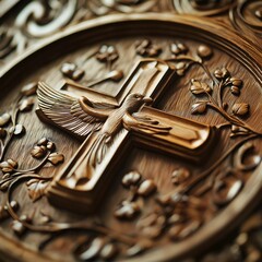 Wooden cross with dove carving symbolizing easter celebrations. Generative ai illustrations