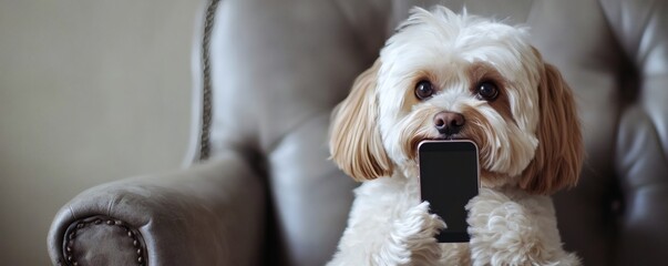 A cute dog holding a phone while sitting on a chair
