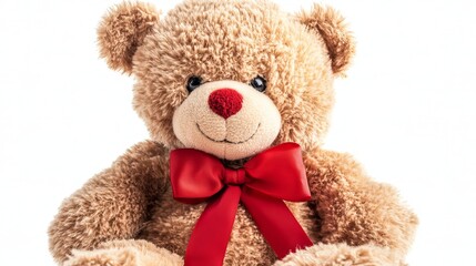 Obraz premium Stuffed Teddy Bear with Red Bow on White Background 