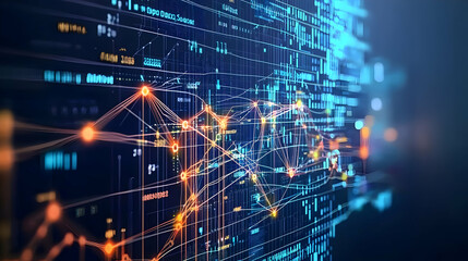 Obraz premium Complex Interconnected Network Of Data Flow With Glowing Orange And Blue Lights In A Dark Digital Environment Visualizing Abstract Technology