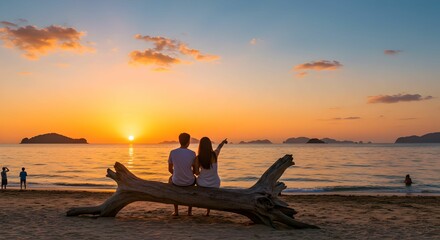 Couple Enjoying Sunset on Beach Sitting on Driftwood During Golden Hour