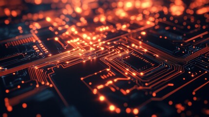 Creative glowing blurry circuit background. Computing and tech concept. 3D Rendering.