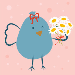 Chick with daisy flowers, vector illustration
