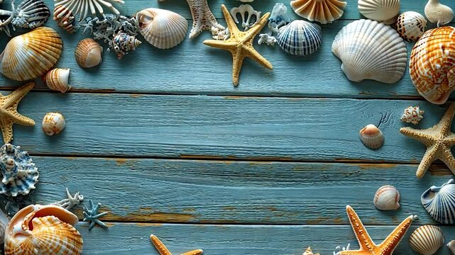 Colorful seashells and starfish arranged on a weathered wooden table