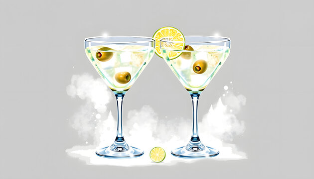 martini cocktails with olives and lemon slice clip art preview