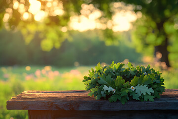 Traditional latvian oak leaf wreath on wooden table