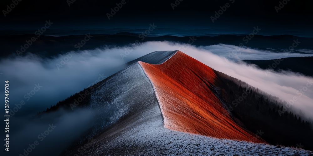 Poster mountain with a red and white stripe on it. the mountain is covered in clouds and the sky is dark