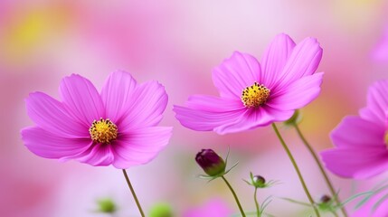 Obraz premium Vibrant pink cosmos flower blooming in a soft-focus garden with colorful blurred background