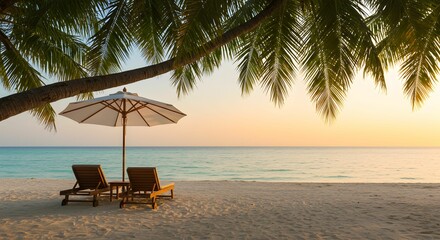 Fototapeta premium Relaxing Beach Chairs Under Palm Trees with Sunset Ocean View