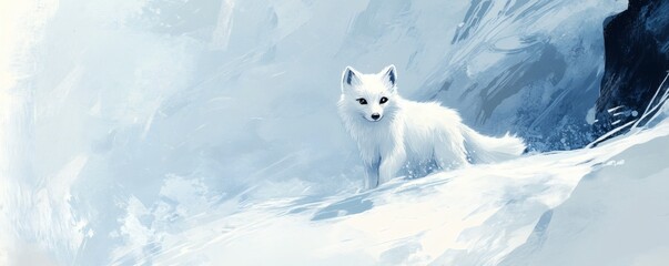 A pristine white fox explores the snowy mountainous winter landscape