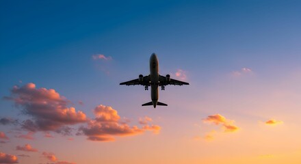 Naklejka premium Airplane soars into the beautiful sky at golden hour with picturesque clouds