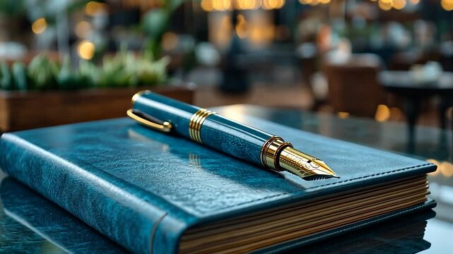 Elegant blue leather notebook with a fountain pen in a cozy caf? setting