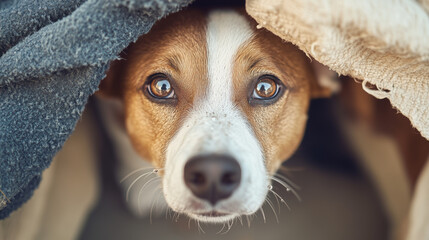 Vulnerable stray dog seeking shelter under blanket with soulful eyes against blurred background