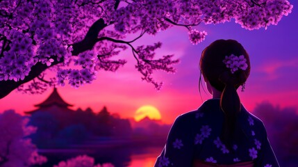 Serene sunset view of a woman in traditional attire admiring cherry blossoms by a tranquil lake