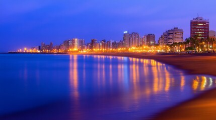 Fototapeta premium Serene beach at twilight showcasing a vibrant city skyline and calm waters reflecting light