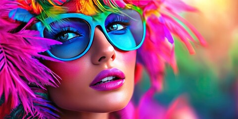 Fototapeta premium Tropical portrait of a tourist female woman in vibrant vacation colors