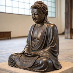 Bronze Buddha statue sitting in a meditative pose, showcasing serenity and craftsmanship, copy space