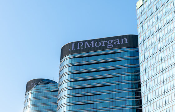 Hong Kong. China- 02.15.2025. The name sign on an office building of J.P. Morgan, a leading American financial institution.