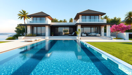 Fototapeta premium Exterior design of pool villa, house and home feature infinity swimming pool and garden , with white tonespng