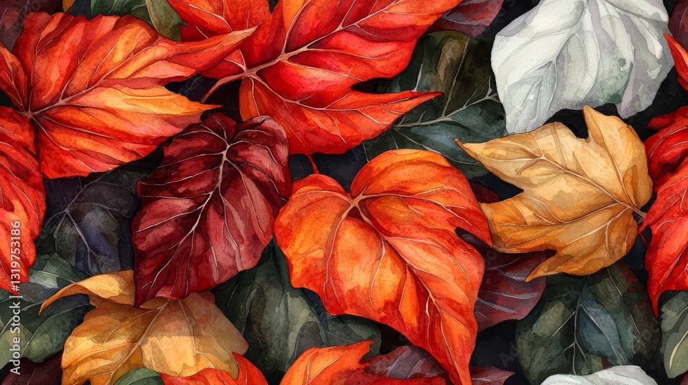 Poster painting of autumn leaves with a variety of colors and textures. the leaves are arranged in a way th