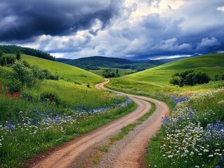 A dirt road through a lush green field, flanked by wildflowers