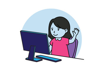 Computer Child On Webcam vectors, A cheerful young boy sits at his desk, learning online using a computer. The smiling child attends a remote class from home, engaging in distance education through.