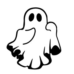 Black-and-white ghost with large black eyes and wavy, sheet-like edges, creating an eerie Halloween figure, perfect for spooky season and haunted house decorations.