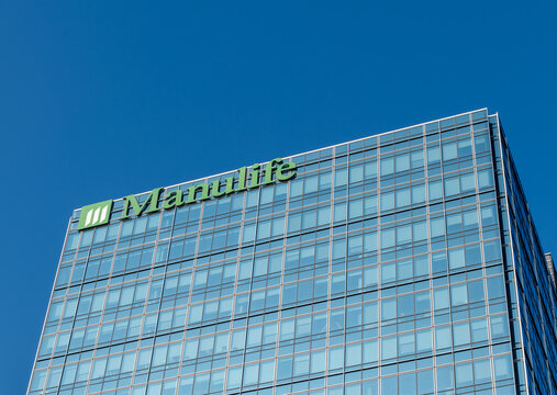 Hong Kong. China- 02.15.2025. The name sign on an office building of the Canadian insurance and fund management company Manulife.