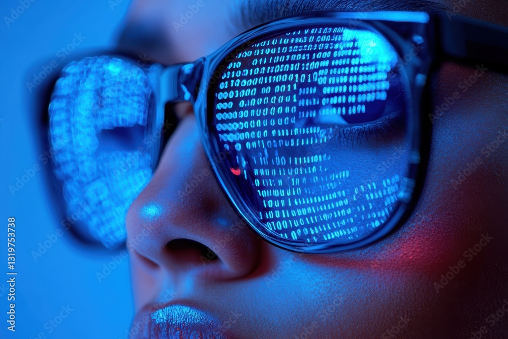 Poster program code reflected on programmer's glasses in a dimly lit workspace at night