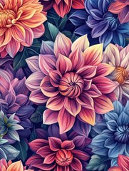 Obraz premium Seamless pattern featuring hand-drawn dahlia flowers in vibrant colors, showcasing intricate details and floral beauty, perfect for textiles, wallpapers, and stationery designs.