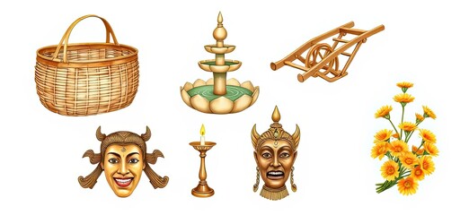 Asian Culture Basket Fountain Wheelbarrow Masks Flowers
