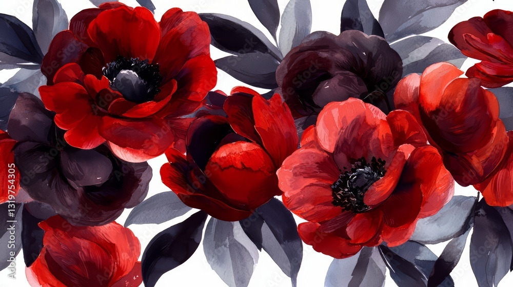 Aufkleber painting of red flowers with black stems. the flowers are arranged in a row and are surrounded by a 